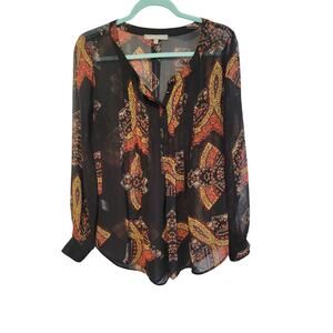 Daniel Rainn L Black Semi Sheer Paisley V Neck‎ LS Blouse Artsy Whimsigoth Fairy
